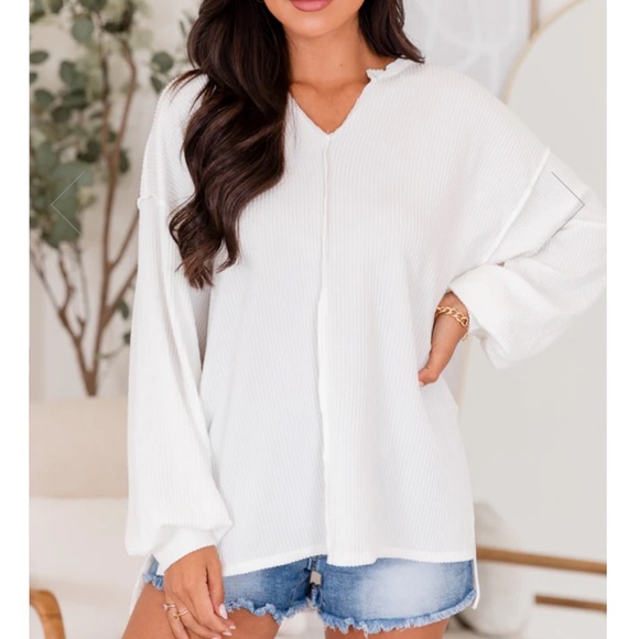 TIME AWAY IVORY EXPOSED SEAM WAFFLE PULLOVER XS - Picture 2 of 4